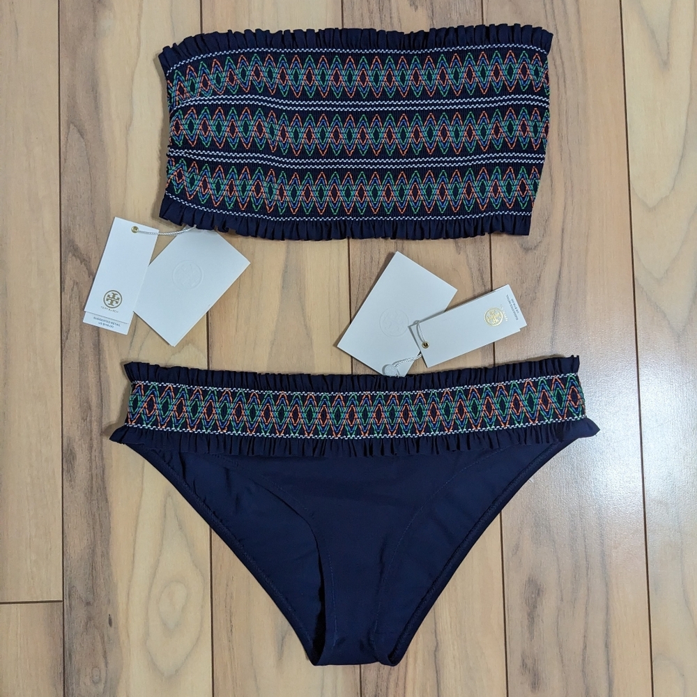 Tory Burch Navy and Multicolor Bandeau Bikini